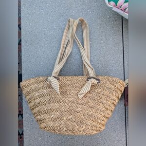 Cappelli Straworld Tan Woven Tote Bag with Striped Fabric Handles
